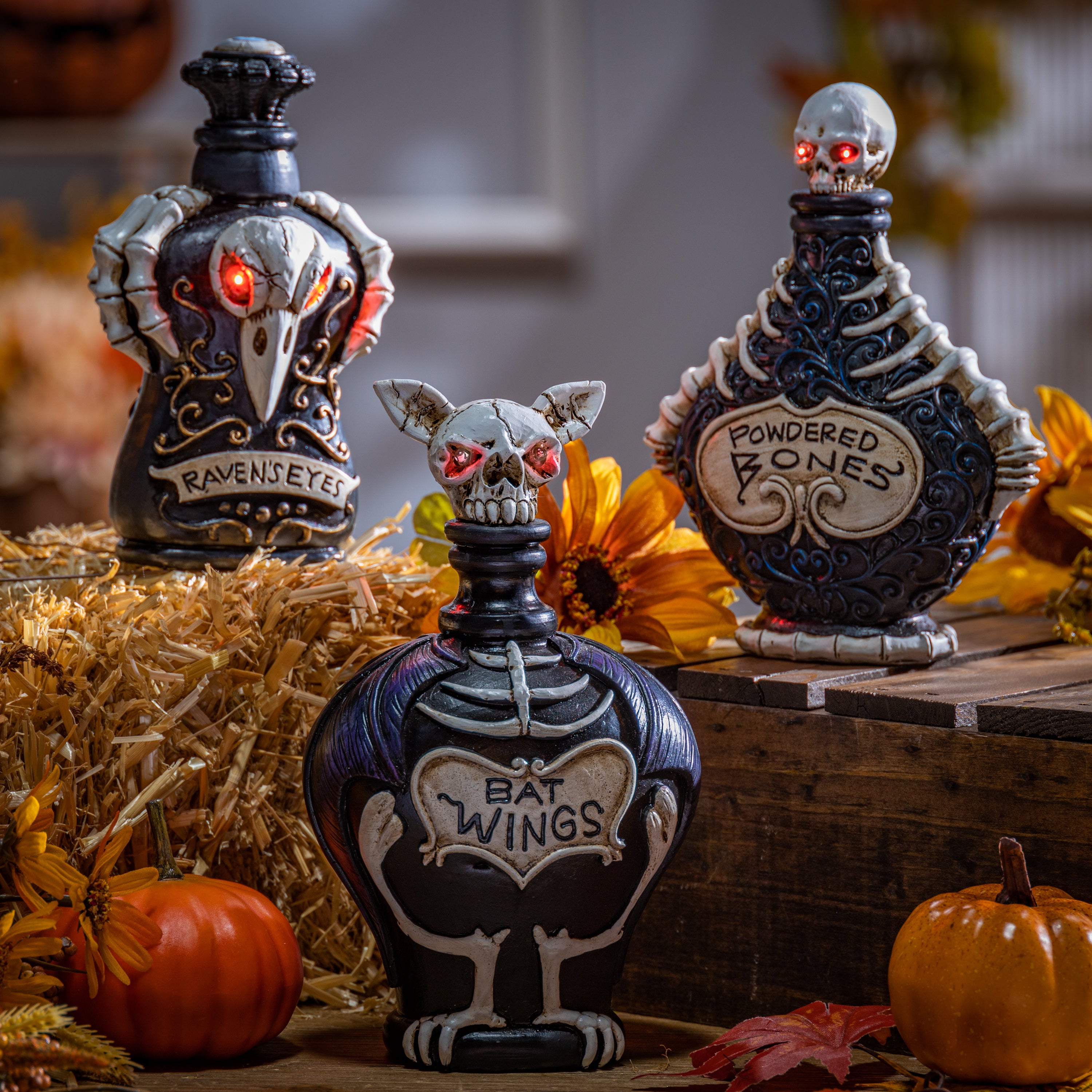 Set of 3 Battery Operated lighted resin Halloween potion bottles